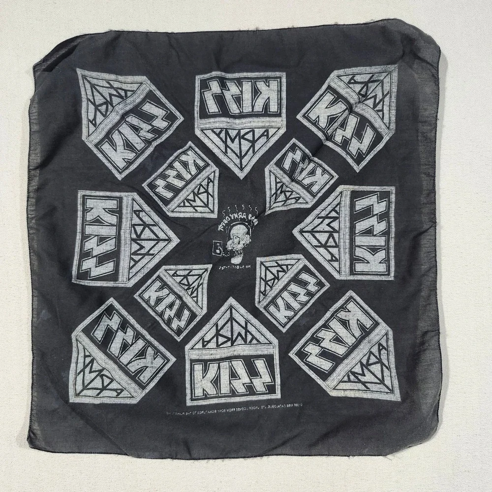 Vintage 1995 KISS Army Bandana Black Rock Band Logo Skull Print 20x19.5 Retro